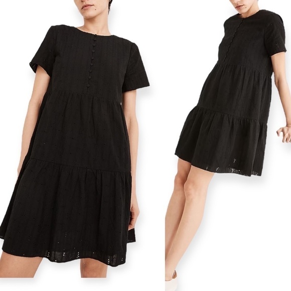 NWT Madewell Eyelet Button-Front Tiered Mini‎ Dress XSP, Black - Picture 1 of 13
